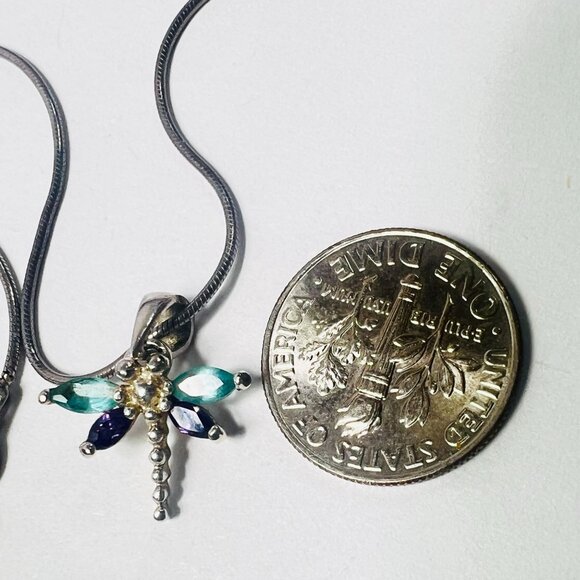 Sterling Necklace Italian 925 17" Snake Chain Dragonfly Pendant Faux Gemstones - Picture 4 of 6